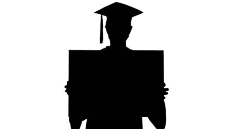 Silhouette Graduate student girl in protection mask holding blank board.の写真素材