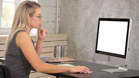Attractive mature businesswoman working on computer in her workstation. White Display.