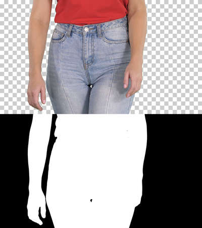 Casual woman walking in high jeans and red t-shirt, Alpha Channelの写真素材