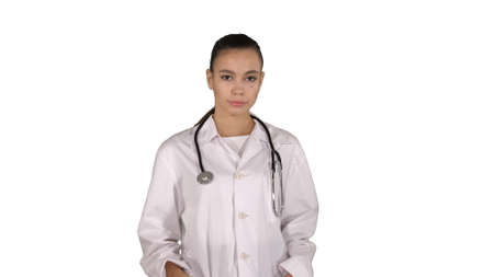 Therapist doctor woman going straight on white background.の写真素材