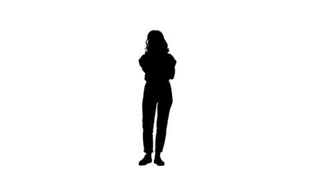Silhouette Energetic nice smiling lady pointing her finger in euの写真素材