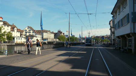 Zurich, Switzerland - 10 June, 2018: tram on the street of Zurich.のeditorial素材