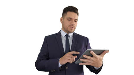 Businessman presenting from the tablet on white background.の写真素材