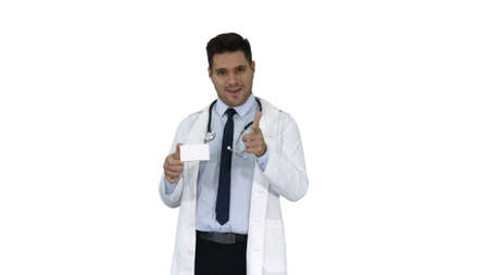 Doctor talking to camera presenting new medicine on white background.の写真素材