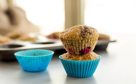 banana and raspberry muffin close upの写真素材