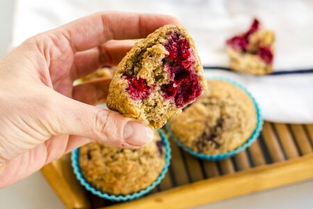 banana and raspberry muffin close upの写真素材