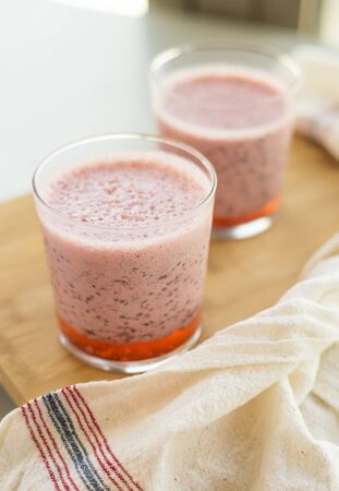 Strawberry chia pudding close up on the kitchen tableの写真素材