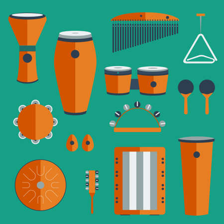 different kinds of percussion on a colored background flat styleのイラスト素材
