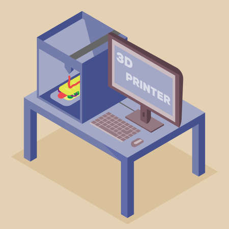 3d printer for the home and production on colored background. flat styleのイラスト素材