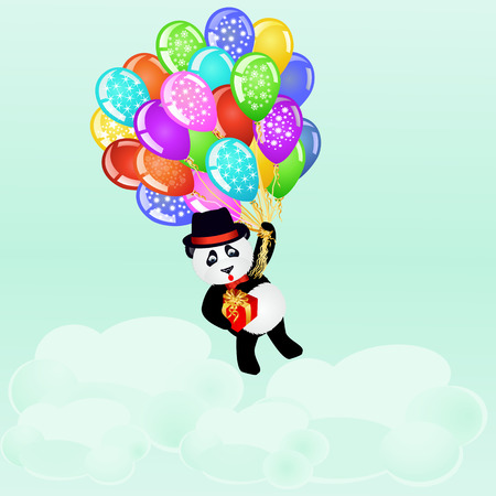 Cartoon panda flying with birthday balloons and gift above the clouds. Birthday background. vector illustrationのイラスト素材