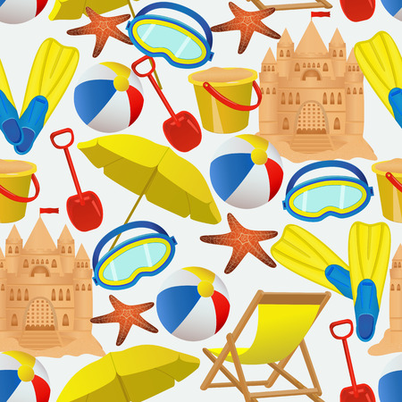 Seamless pattern with summer vacation accessories. Beach activity objects on white background. illustrationのイラスト素材