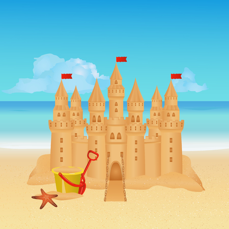 Sandcastle on tropical beach. Summer background. vector illustrationのイラスト素材