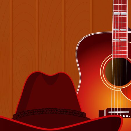 Acoustic guitar and cowboy hat against the wood wall background. eps 10 vector illustrationのイラスト素材