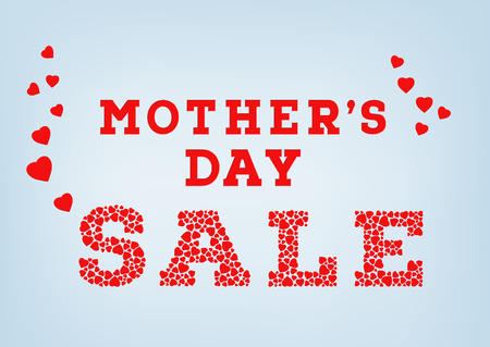 Red Mother's Day sale inscription made of small heart shapes on blue soft background. Happy Mother's day sale concept. Vector illustrationのイラスト素材