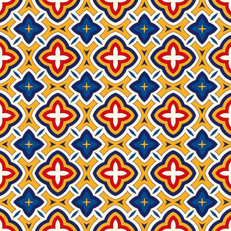 Bright ethnic abstract background. Seamless pattern with symmetric geometric ornament. Ornamental mosaic texture.のイラスト素材