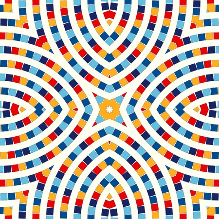 Seamless pattern with symmetric geometric ornament. Abstract stained glass bright background. Ethnic wallpaper. Vector illustrationのイラスト素材