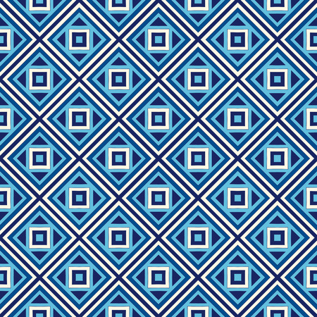 Seamless pattern with symmetric geometric ornament. Blue abstract background. Repeated squares and rhombuses ornamental wallpaper. Vector illustrationのイラスト素材