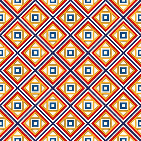 Seamless pattern with symmetric geometric ornament. Bright abstract background. Repeated squares and rhombuses ornamental wallpaper. Vector illustrationのイラスト素材