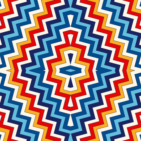 Bright seamless pattern with symmetric geometric ornament. Colorful abstract background. Ethnic and tribal motifs. Ornamental vivid wallpaper. Vector illustrationのイラスト素材