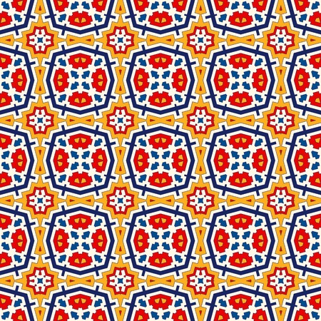 Bright ethnic abstract backdrop. Seamless pattern with oriental, old ornament on white background. Ornamental vivid wallpaper. Vector illustrationのイラスト素材