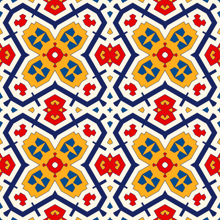 Bright ethnic abstract backdrop. Seamless pattern with oriental, old ornament on white background. Ornamental vivid wallpaper. Vector illustrationのイラスト素材