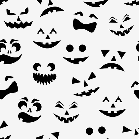 Seamless pattern with black halloween pumpkins carved faces silhouettes on white background. Can be used for scrapbook digital paper, textile print, page fill. Vector illustrationのイラスト素材