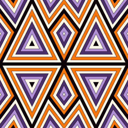 Bright seamless pattern with geometric ornament in Halloween traditional colors. Colorful abstract background. Ethnic and tribal motifs. Ornamental vivid wallpaper. Vector illustrationのイラスト素材