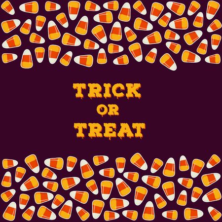 Trick or treat inscription with horizontal border made of small candy corns pile on dark background. Halloween holiday concept greeting card, poster. Vector illustration.のイラスト素材