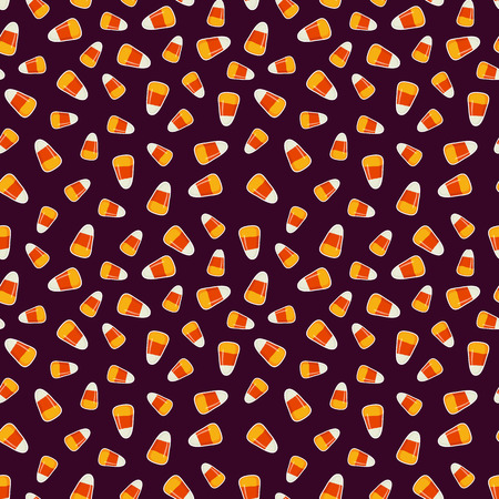 Halloween pattern with small candy corns sweets on dark background. Holiday trick or treat concept. Vector illustrationのイラスト素材