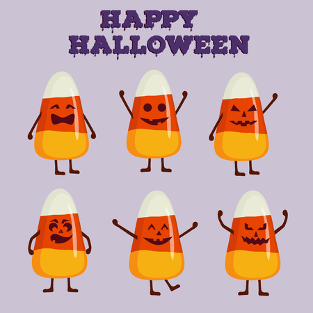 Collection of candy corn character. Related holiday sweets set in cartoon style. Happy Halloween concept greeting card, poster. Vector illustrationのイラスト素材