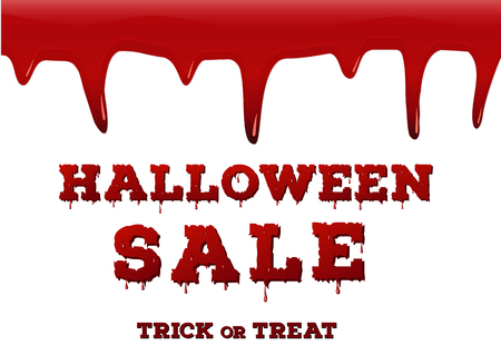 Design of the flyer with halloween sale inscription on white background. Template of poster with red color drips and bloody font. Vector illustrationのイラスト素材