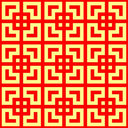 Seamless Chinese window tracery pattern. Repeated stylized red squares on yellow background. Symmetric geometric abstract wallpaper. Trellis motif. Digital paper, textile print.  illustrationのイラスト素材
