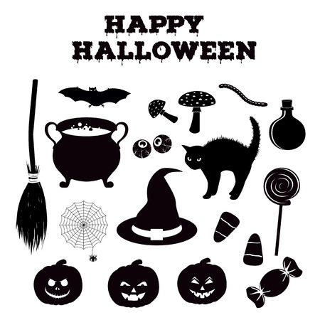 Happy Halloween silhouettes collection of related holiday objects. Black and white icons set. Pumpkin, broom, cauldron with potion, hat and other traditional witches attributes. Vector illustrationのイラスト素材