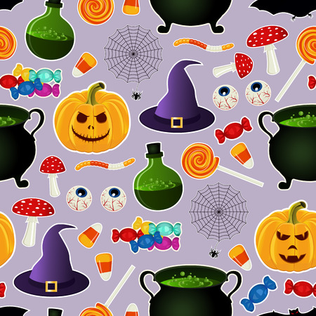 Seamless pattern with related halloween holiday object silhouettes on purple background. Traditional witches attributes. Bright digital paper, textile print, page fill. Vector illustrationのイラスト素材