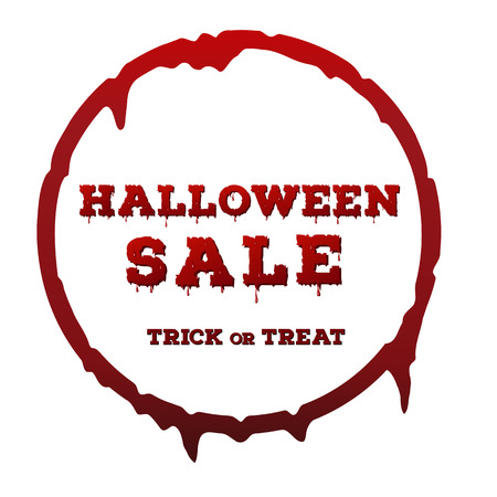 Halloween sale inscription on white background. Template of poster with red color dripping circle frame and bloody font. Halloween design concept. Vector illustrationのイラスト素材