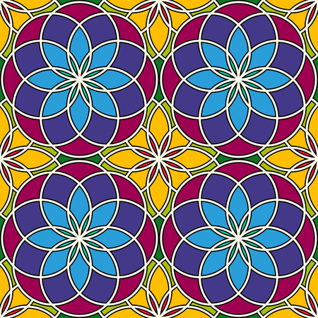 Bright stained glass background. Colorful kaleidoscope seamless pattern with decorative round ornaments. Floral motif. Ornamental vivid wallpaper. Vector illustrationのイラスト素材