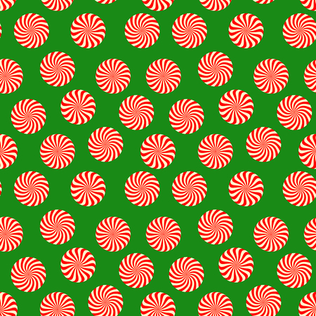 Peppermint candy seamless pattern on green background. Christmas and New Year holiday wrapping paper with mint color sweets. Vector illustrationのイラスト素材