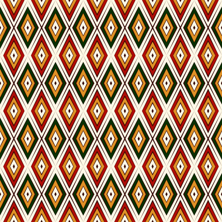 Seamless pattern in Christmas traditional colors. Ethnic and tribal motif. Repeated rhombuses bright ornamental abstract background. Digital paper, textile print, page fill. Vector illustrationのイラスト素材