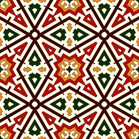 Bright seamless pattern with geometric ornament in Christmas traditional colors. Colorful abstract background. Ethnic and tribal motifs. Ornamental vivid wallpaper. Vector illustrationのイラスト素材