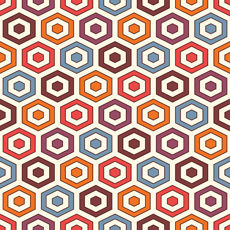 Honeycomb abstract background. Vivid colors repeated hexagon tiles mosaic wallpaper. Seamless surface pattern with classic geometric ornament. Digital paper, textile print, page fill. Vector artのイラスト素材