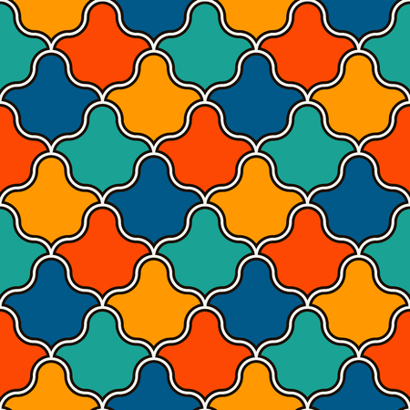Interlocking figures tessellation abstract background. Repeated geometric shapes. Ethnic mosaic tiles ornament. Oriental wallpaper. Seamless surface pattern design with crowns motifs. Vector art.のイラスト素材