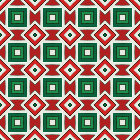 Seamless pattern in Christmas traditional colors with geometric figures. American native background. African style repeated diamond ornamental. Ethnic and tribal motif. Vector artのイラスト素材