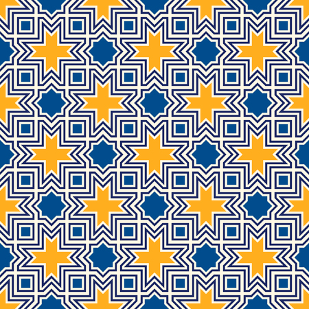 Seamless surface design with arabic ornament. Moroccan stars and crosses motif. Oriental traditional pattern with repeated mosaic tile. Tracery window wallpaper. Arabesque digital paper, textile printのイラスト素材