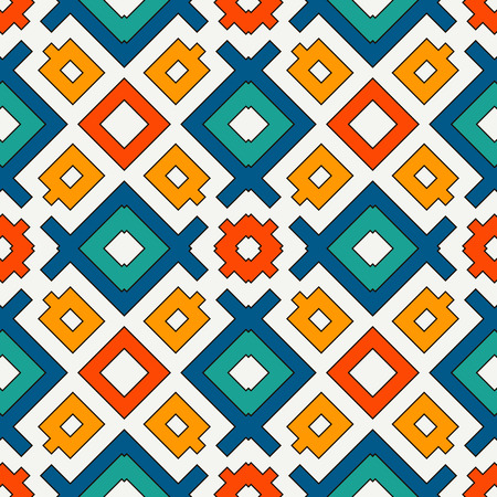 Seamless pattern in bright colors. Ethnic and tribal motif. Repeated geometric forms. Colorful ornamental abstract background. Digital paper, textile print, page fill. Vector illustration.のイラスト素材