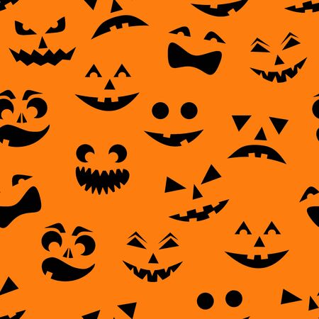 Seamless pattern with black halloween pumpkins carved faces silhouettes on orange background. Can be used for scrapbook digital paper, textile print, page fill. Vector illustrationのイラスト素材
