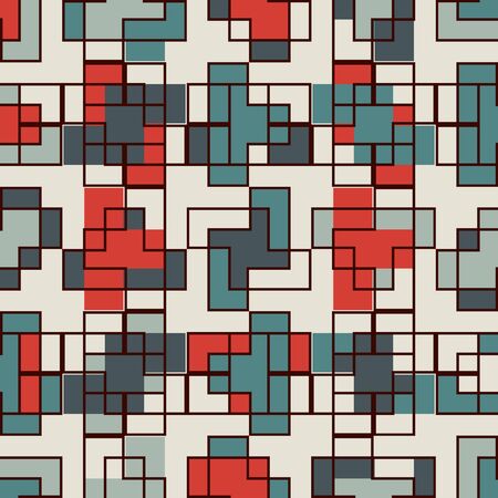 Repeated creative puzzle mosaic abstract background. Seamless pattern design with geometric ornament. Pixel art surface texture. Contemporary camouflage wallpaper. Digital paper with overlay figureのイラスト素材