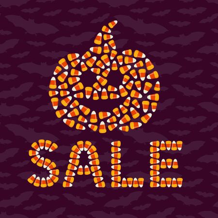 Happy Halloween sale typography poster. Holiday advertisement lettering. Candy corn text effect. Trick or treat background. Jack o lantern pumpkin silhouette. Vector illustration.のイラスト素材