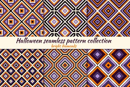 Halloween seamless pattern collection. Holiday backgrounds set. Print kit in traditional colors. Repeated squares, diamonds, rhombuses motif geometric ornaments. Vector scrapbook digital paper.のイラスト素材
