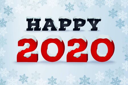 Happy 2020 year holiday greeting card. Winter style typography phrase. Typographic design template with snow cap text effect. Inscription on blue blured background with snowflakes. Vector illustration