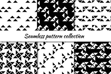 Seamless pattern collection. Geometrical design backgrounds set. Repeated triangles motif. Geo print kit. Minimal ornaments. Origami inspired wallpaper bundle. Vector abstract scrapbook digital paperのイラスト素材